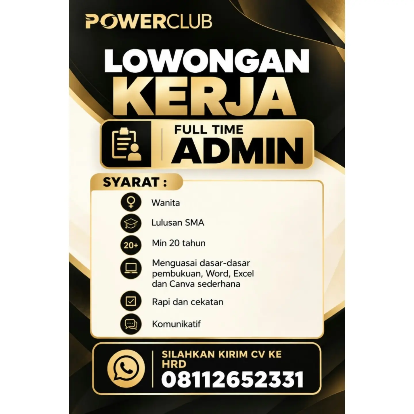 Poster Lowongan Kerja Admin - POWERCLUB