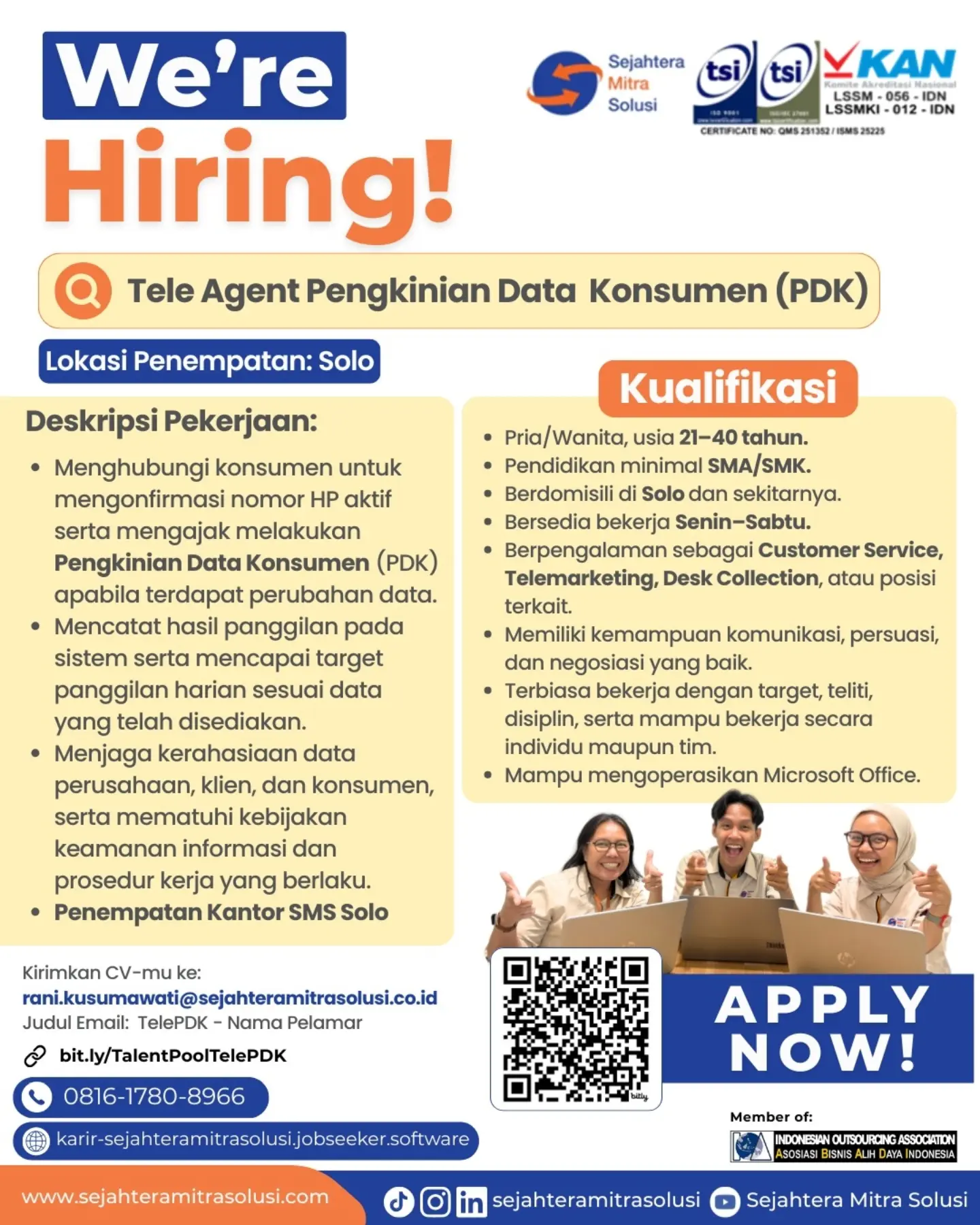 Poster Lowongan Kerja Tele Agent Pengkinian Data Konsumen (PDK) - PT Sejahtera Mitra Solusi