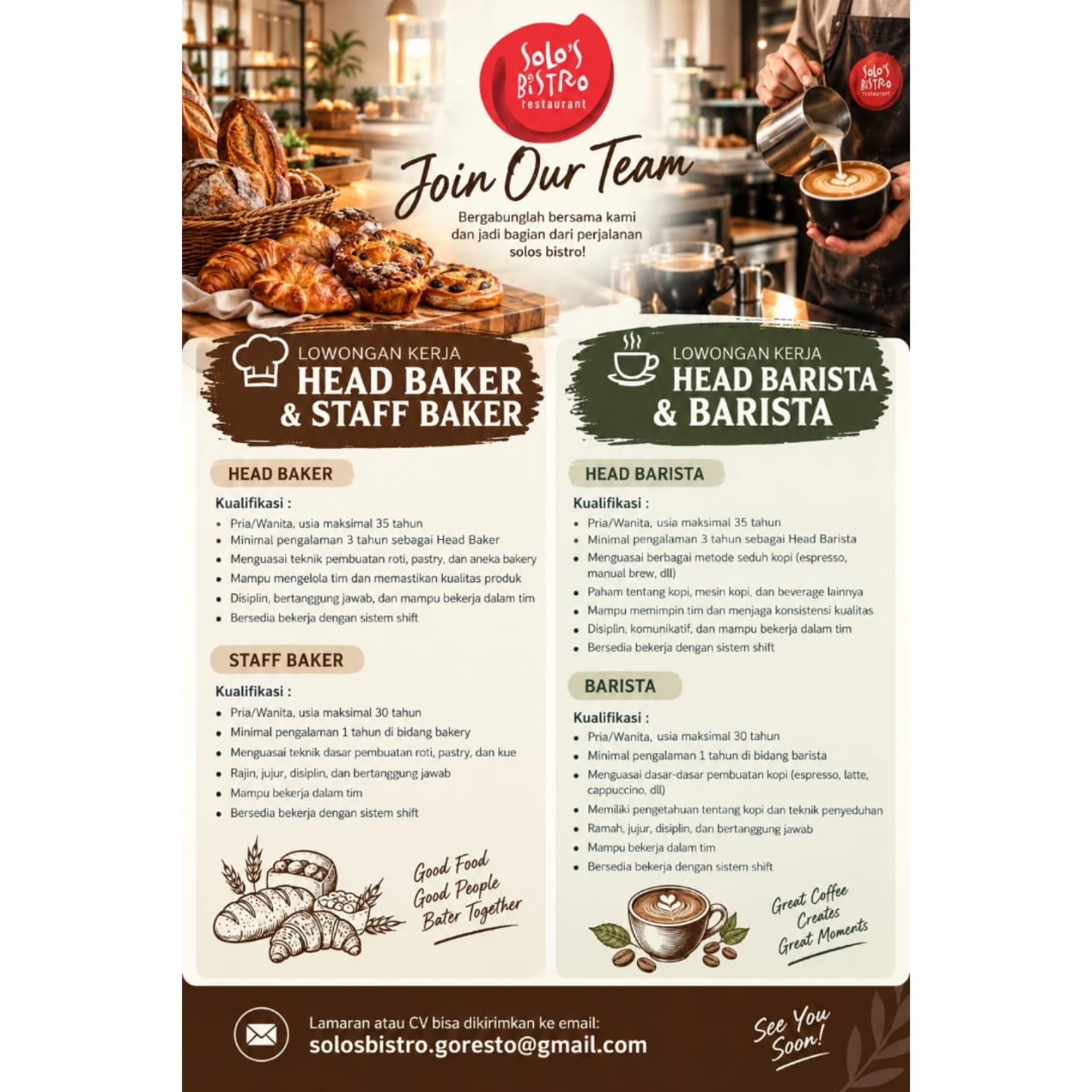Poster Lowongan Kerja Solo's Bistro Restaurant Slide 1