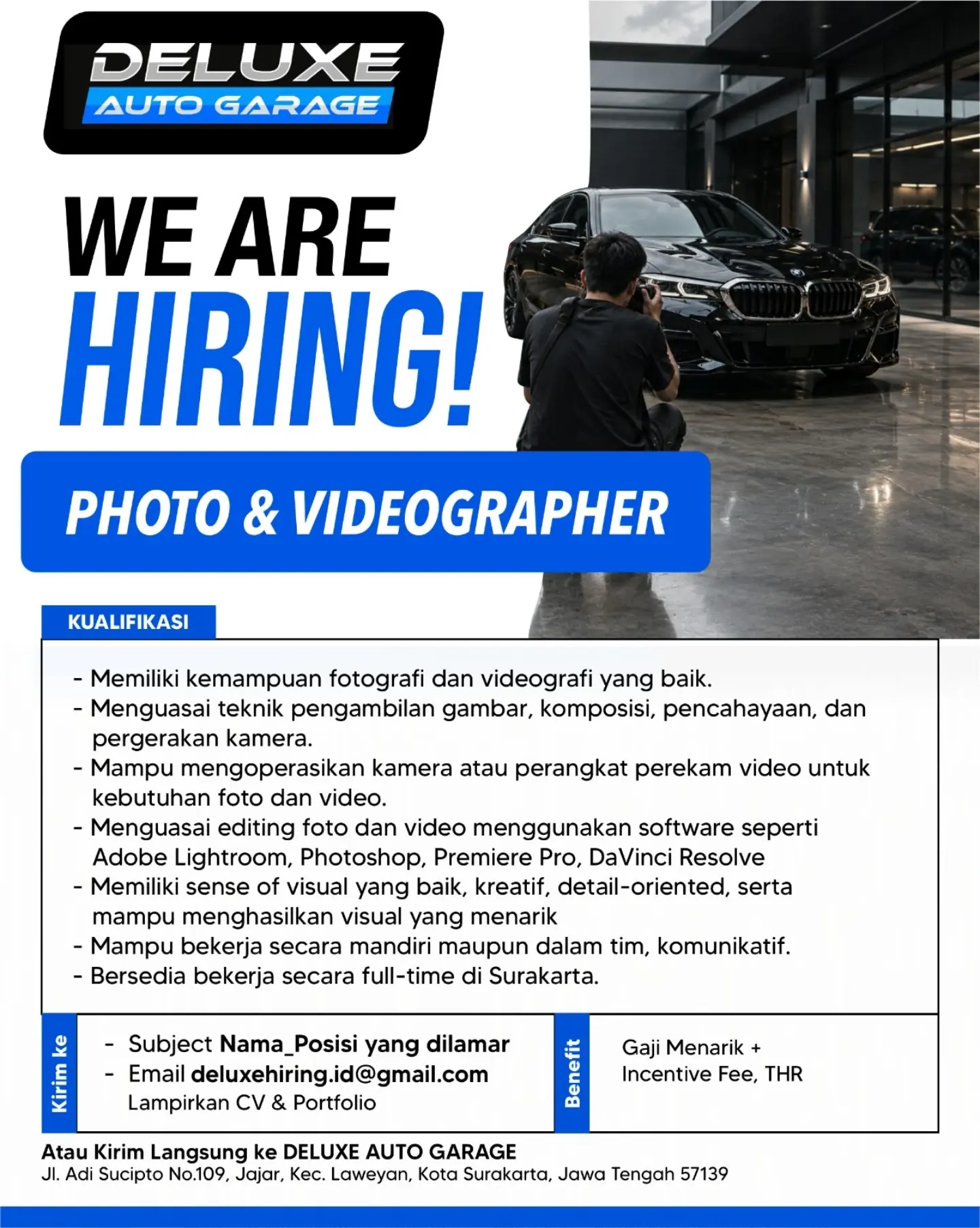 Poster Lowongan Kerja Photo & Videographer - Deluxe Auto Garage