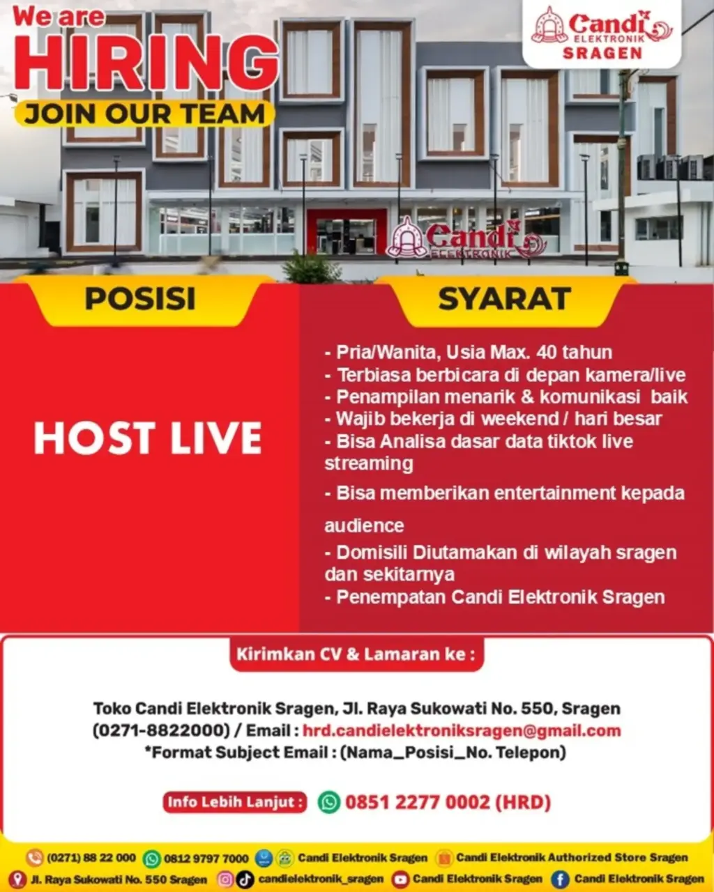 Poster Lowongan Kerja HOST LIVE - Candi Elektronik Sragen