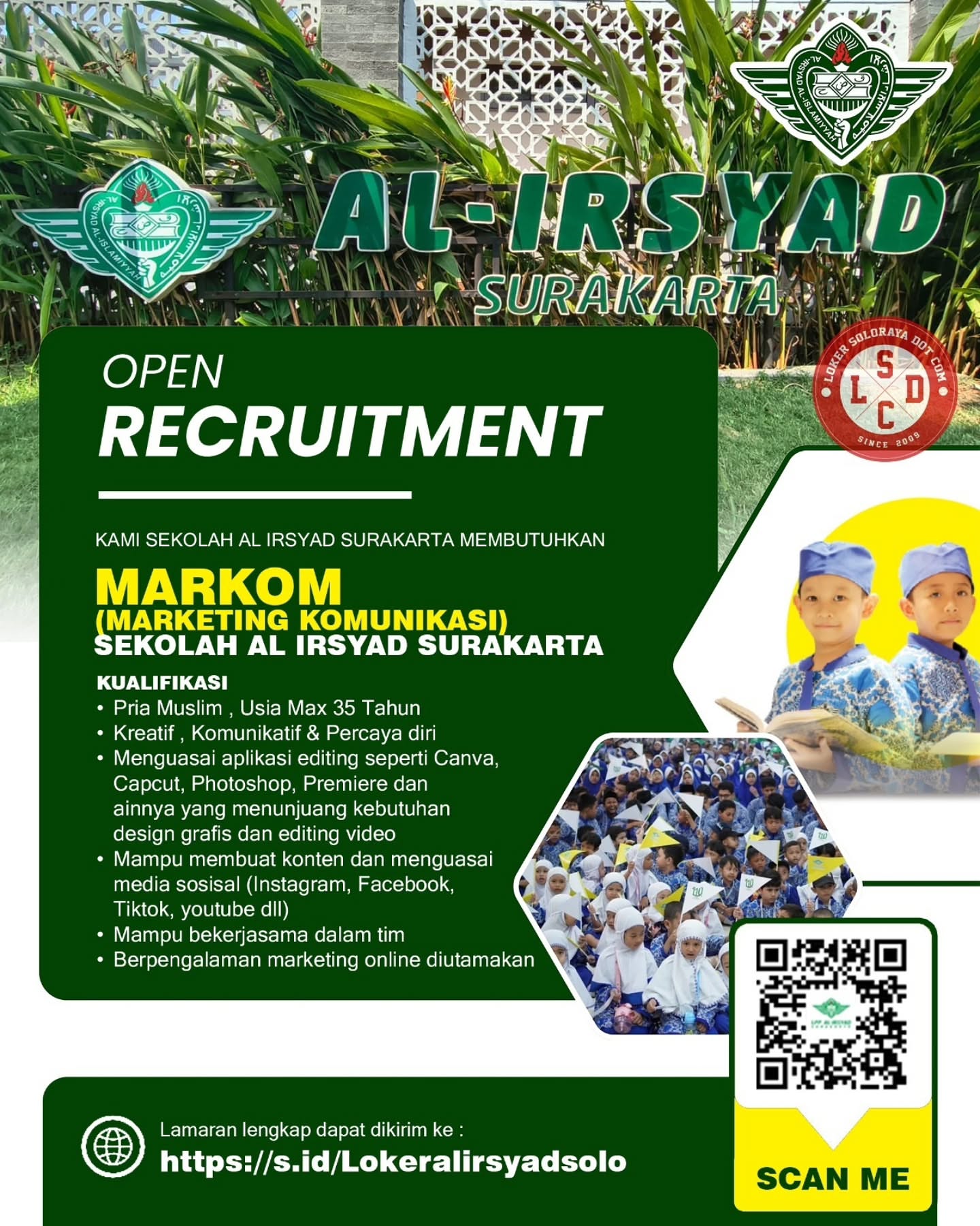 Poster Lowongan Kerja Markom (Marketing Komunikasi) - Sekolah Al Irsyad Surakarta