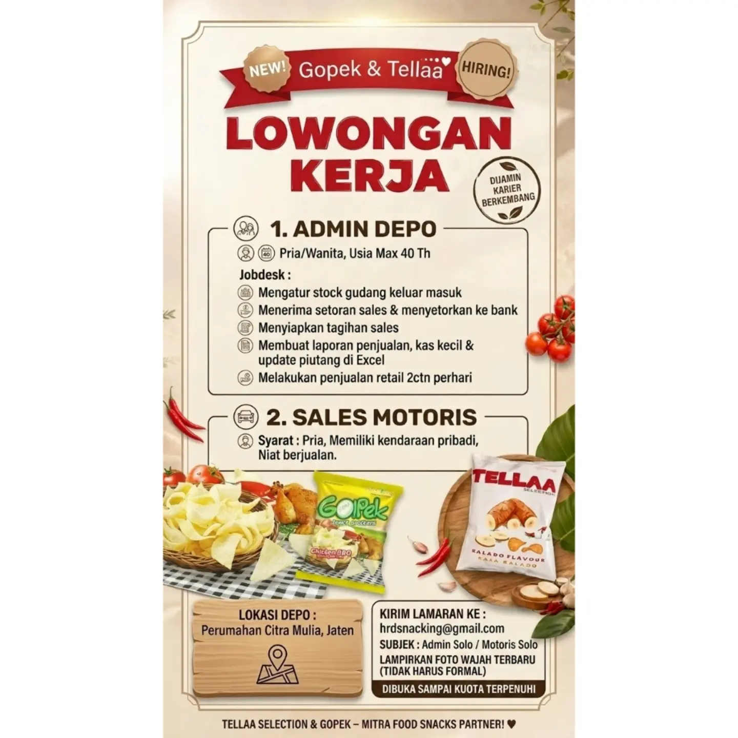 Poster Lowongan Kerja Gopek & Tellaa (Mitra Food Snacks Partner)