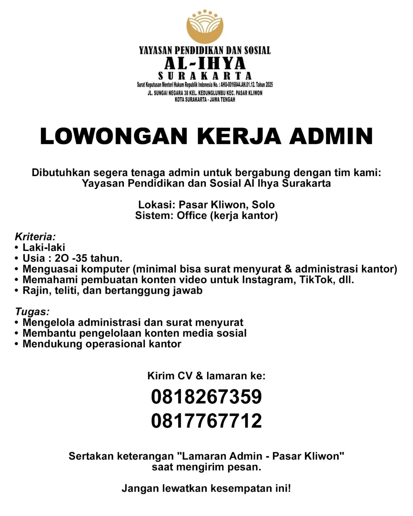 Poster Lowongan Kerja Admin - Yayasan Pendidikan dan Sosial Al Ihya Surakarta