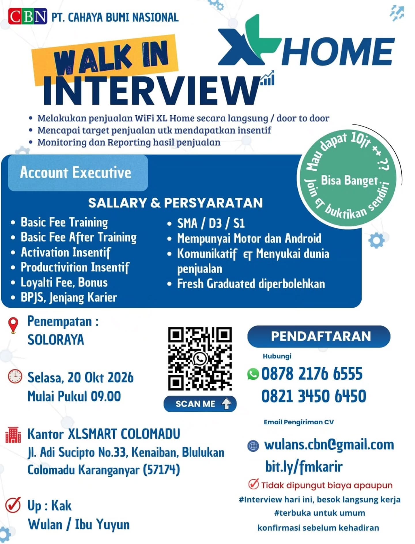Poster Lowongan Kerja Account Executive - PT. Cahaya Bumi Nasional (XL Home)