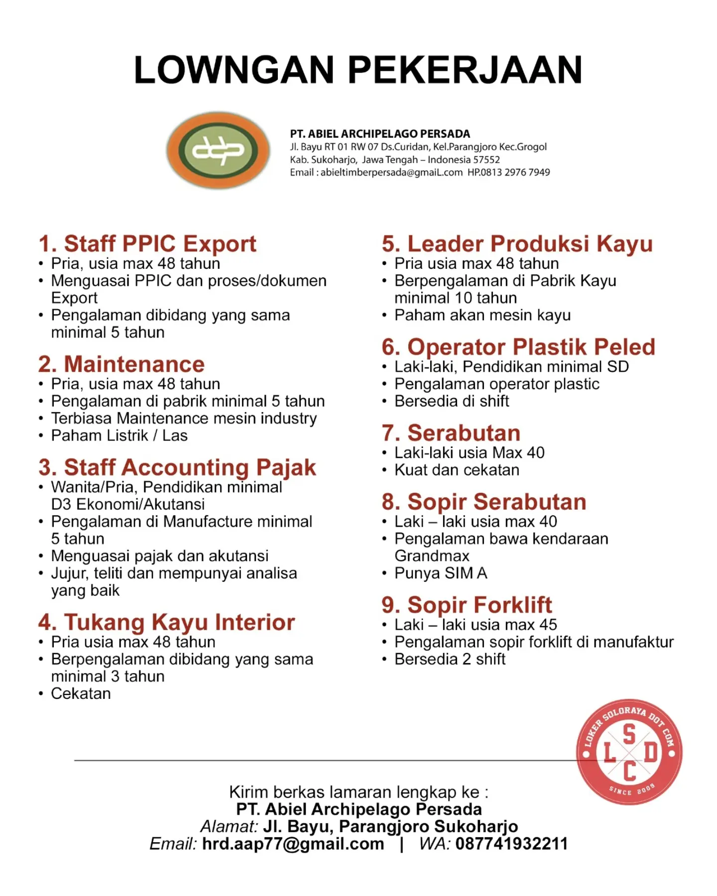Poster Lowongan Kerja PT. Abiel Archipelago Persada
