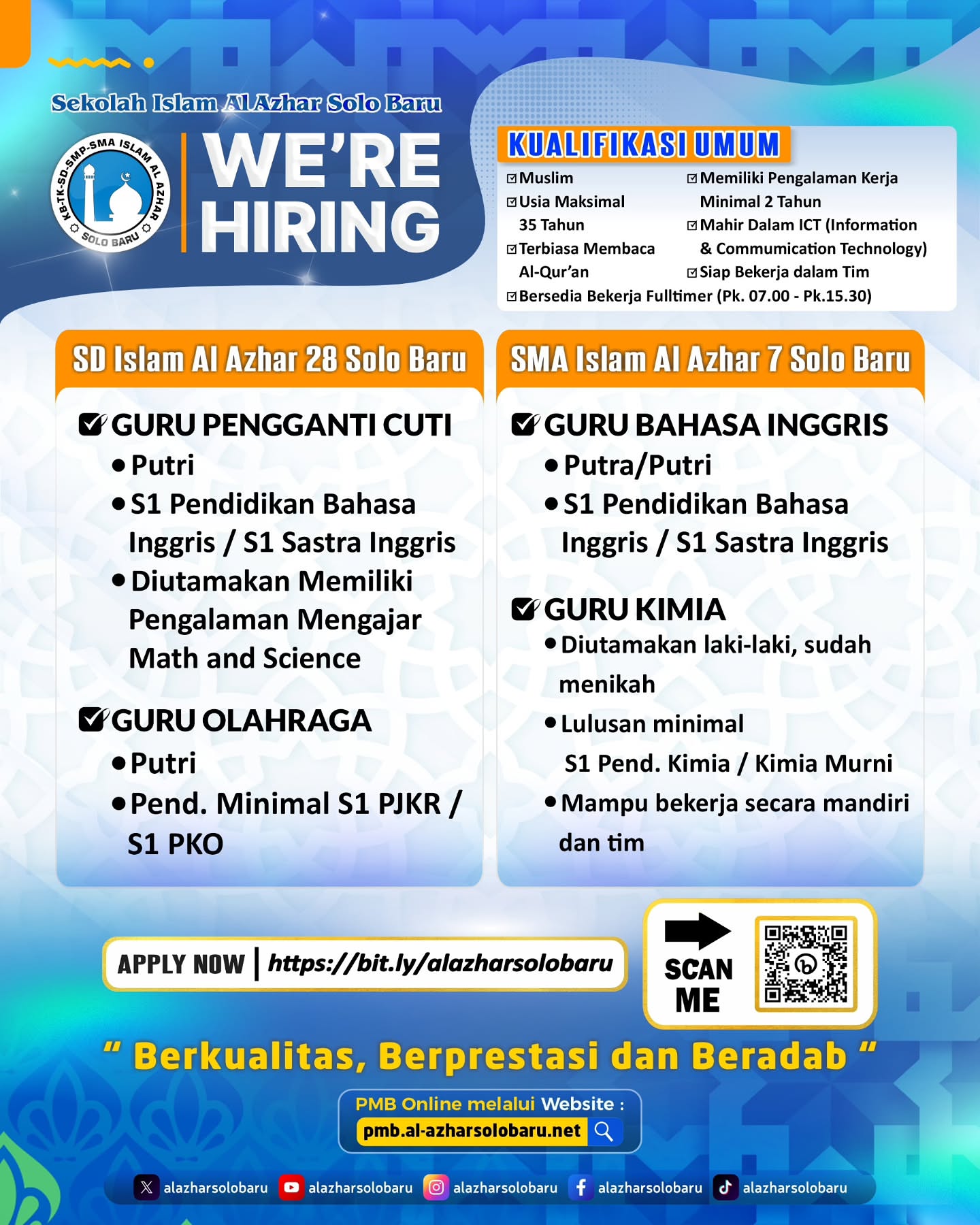 Poster Lowongan Kerja Sekolah Islam Al Azhar Solo Baru
