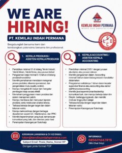 Lowongan Kerja di PT Kemilau Indah Permana (10 Posisi (Kepala Produksi / Asisten Kepala Produksi, Kepala Accounting / Asisten Kepala Accounting, dll)) – Karanganyar / Sukoharjo