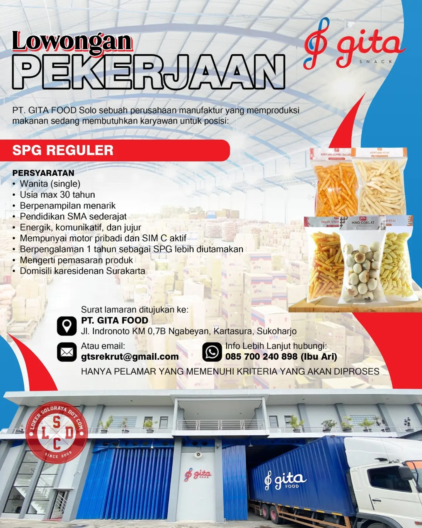 Poster Lowongan Kerja SPG Reguler - PT. Gita Food Solo