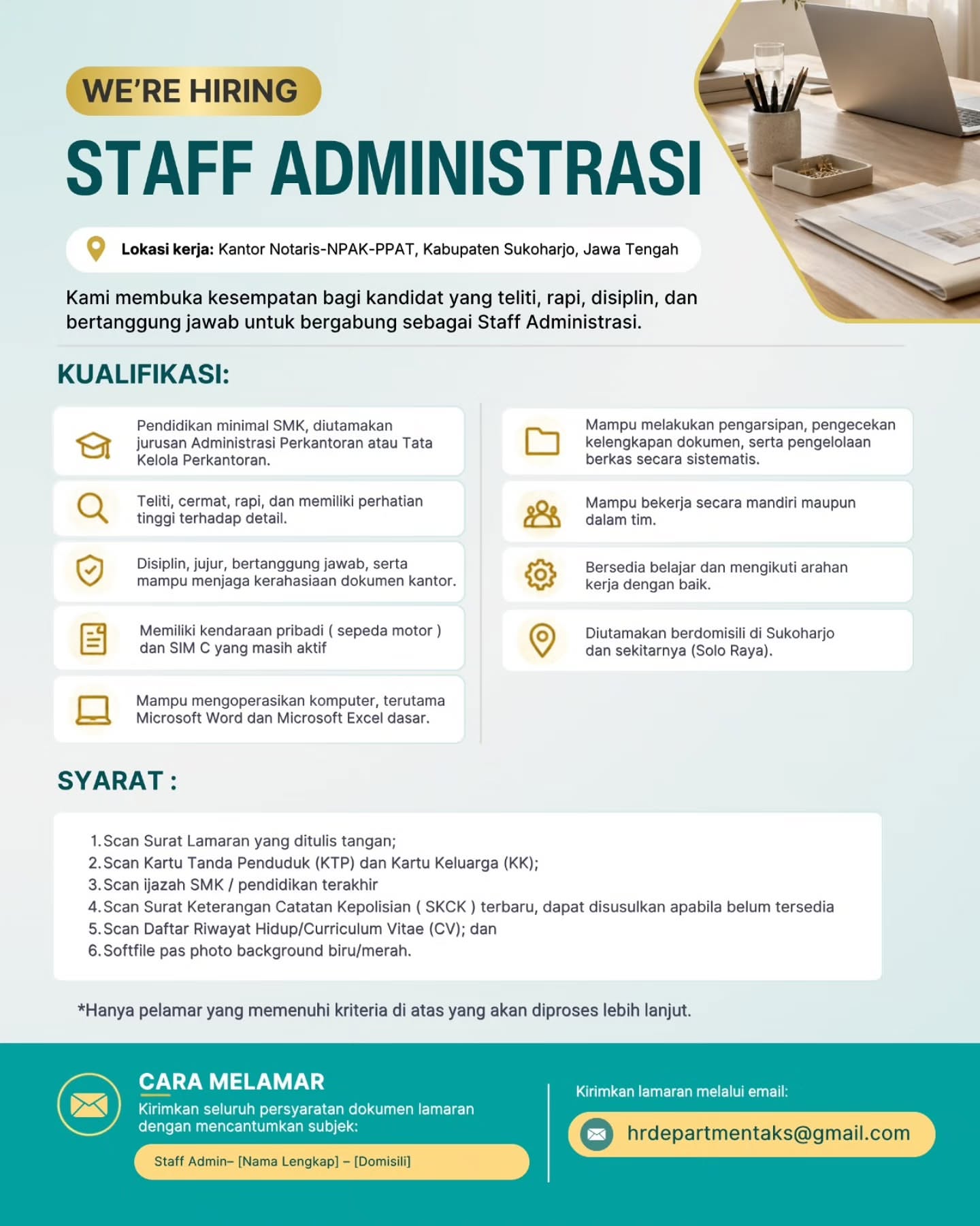 Poster Lowongan Kerja Staff Administrasi - Kantor Notaris-NPAK-PPAT Sukoharjo