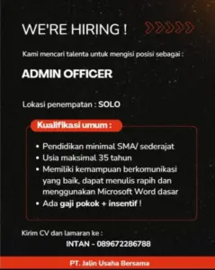 Lowongan Kerja Admin Officer di PT. Jalin Usaha Bersama (Solo)