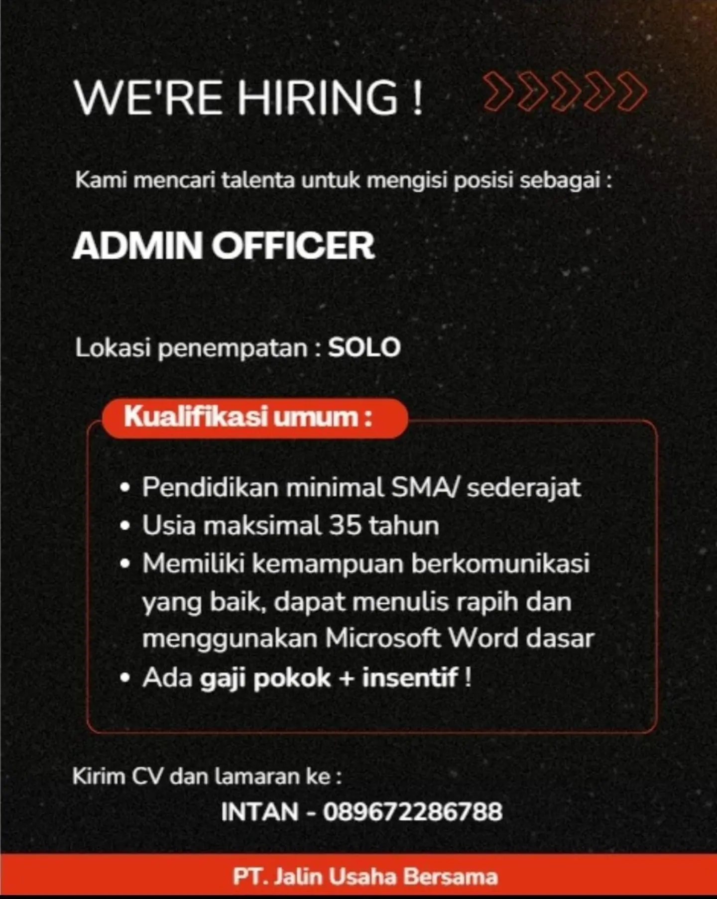 Poster Lowongan Kerja Admin Officer - PT. Jalin Usaha Bersama