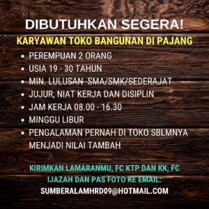 Lowongan Kerja Karyawan Toko Bangunan di Toko Bangunan Sumber Alam (Pajang, Solo)