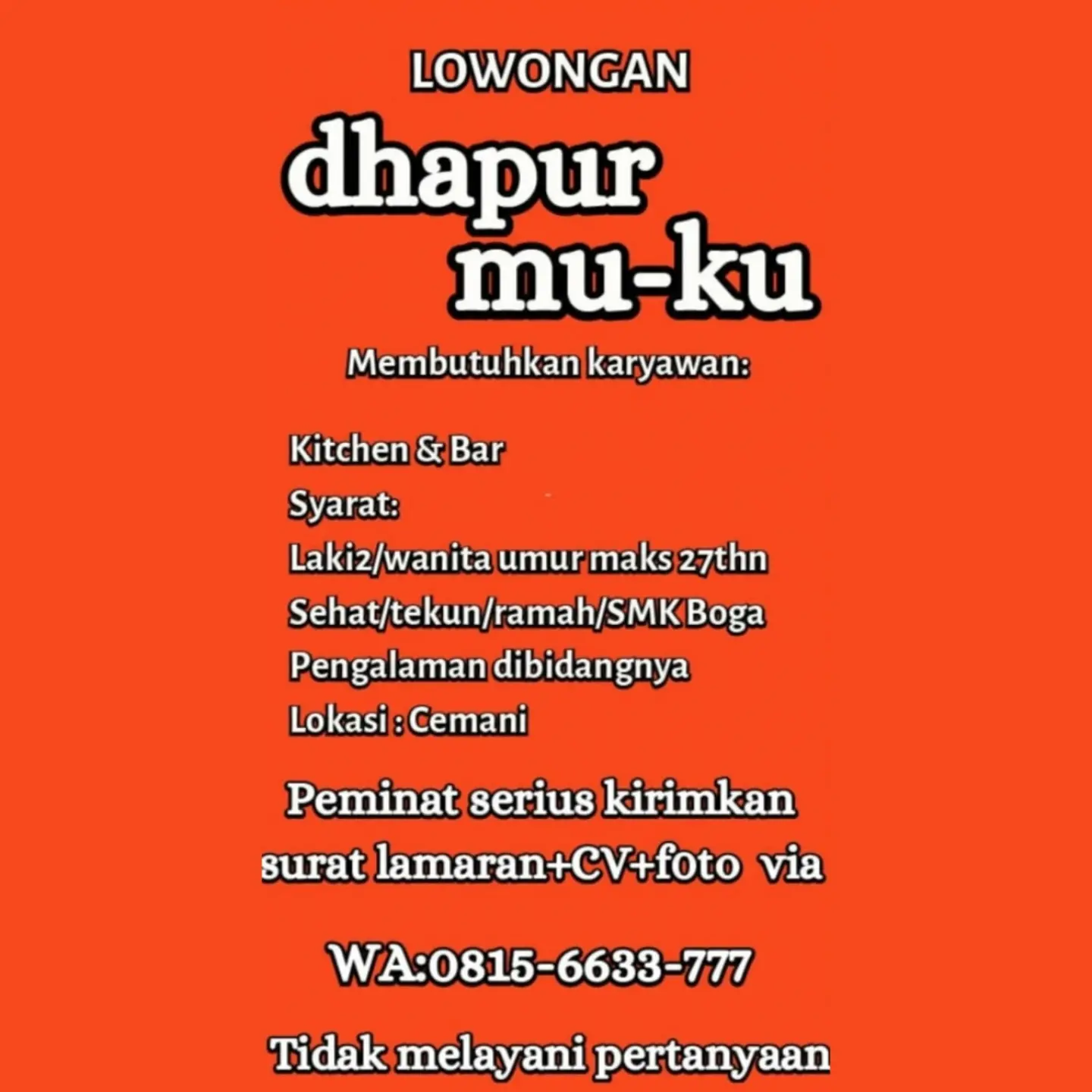 Poster Lowongan Kerja Kitchen & Bar - Dhapur Mu-Ku