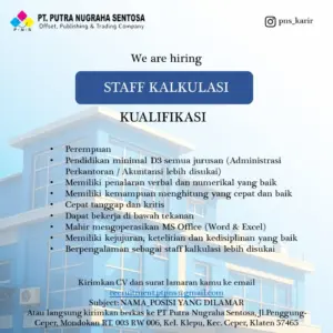 Lowongan Kerja Staff Kalkulasi di PT. Putra Nugraha Sentosa (Klaten)