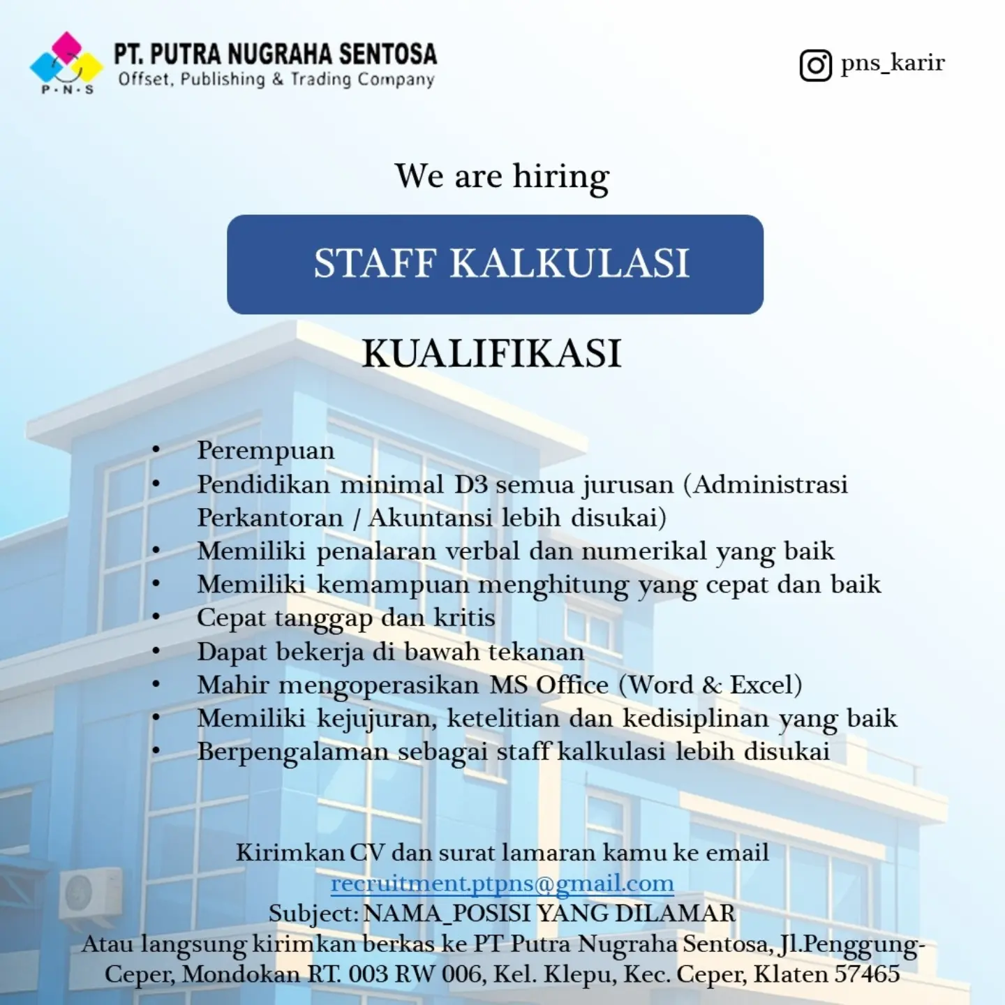 Poster Lowongan Kerja Staff Kalkulasi - PT. Putra Nugraha Sentosa