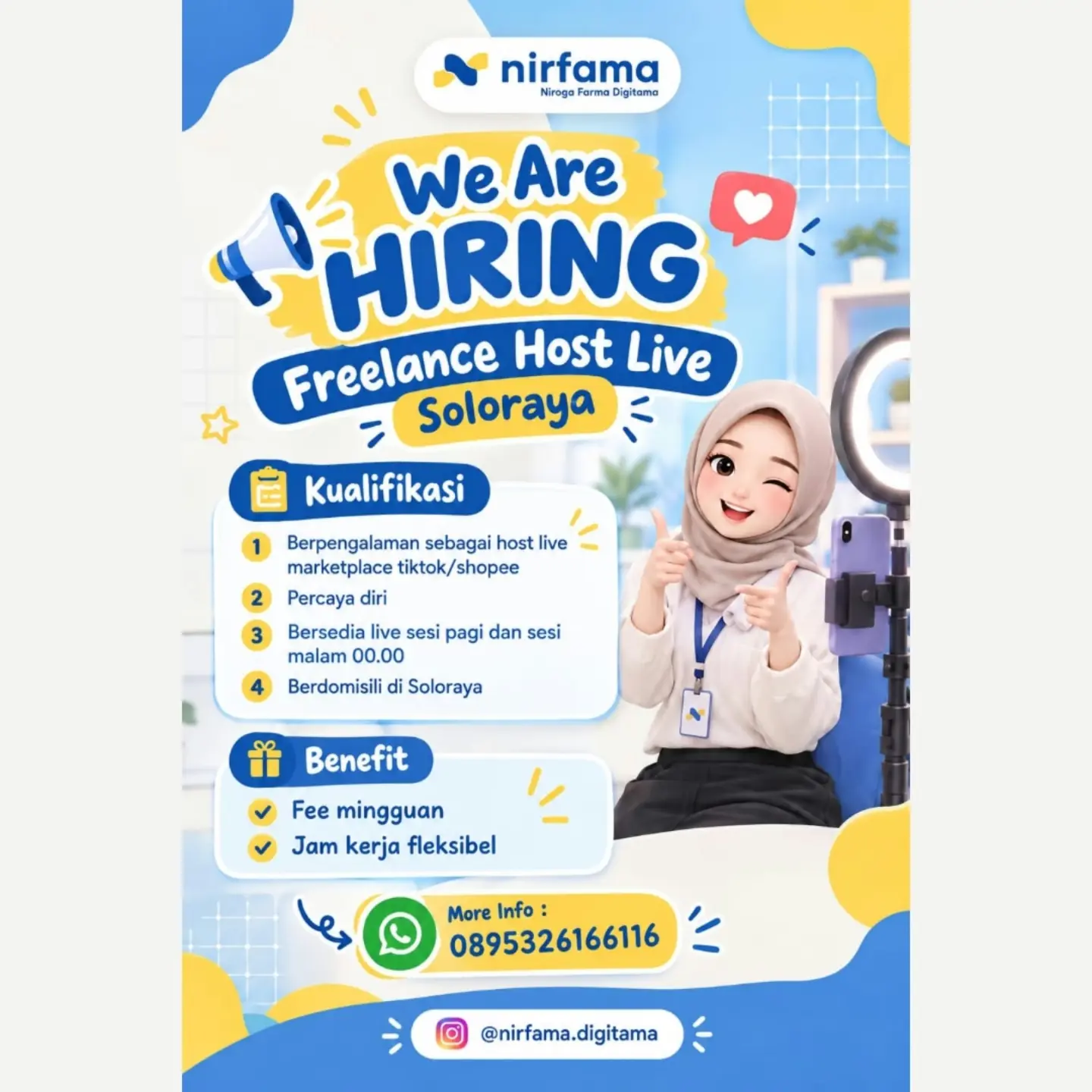 Poster Lowongan Kerja Freelance Host Live - Nirfama (Niroga Farma Digitama)