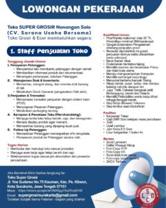 Lowongan Kerja di Toko Super Grosir Nonongan Solo (CV. Sarana Usaha Bersama) (Staff Penjualan Toko, Karyawan Gudang, & Admin Gudang) – Solo