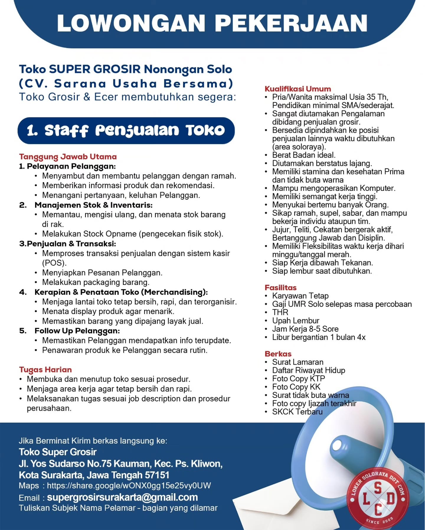 Poster Lowongan Kerja Toko Super Grosir Nonongan Solo (CV. Sarana Usaha Bersama) Slide 1
