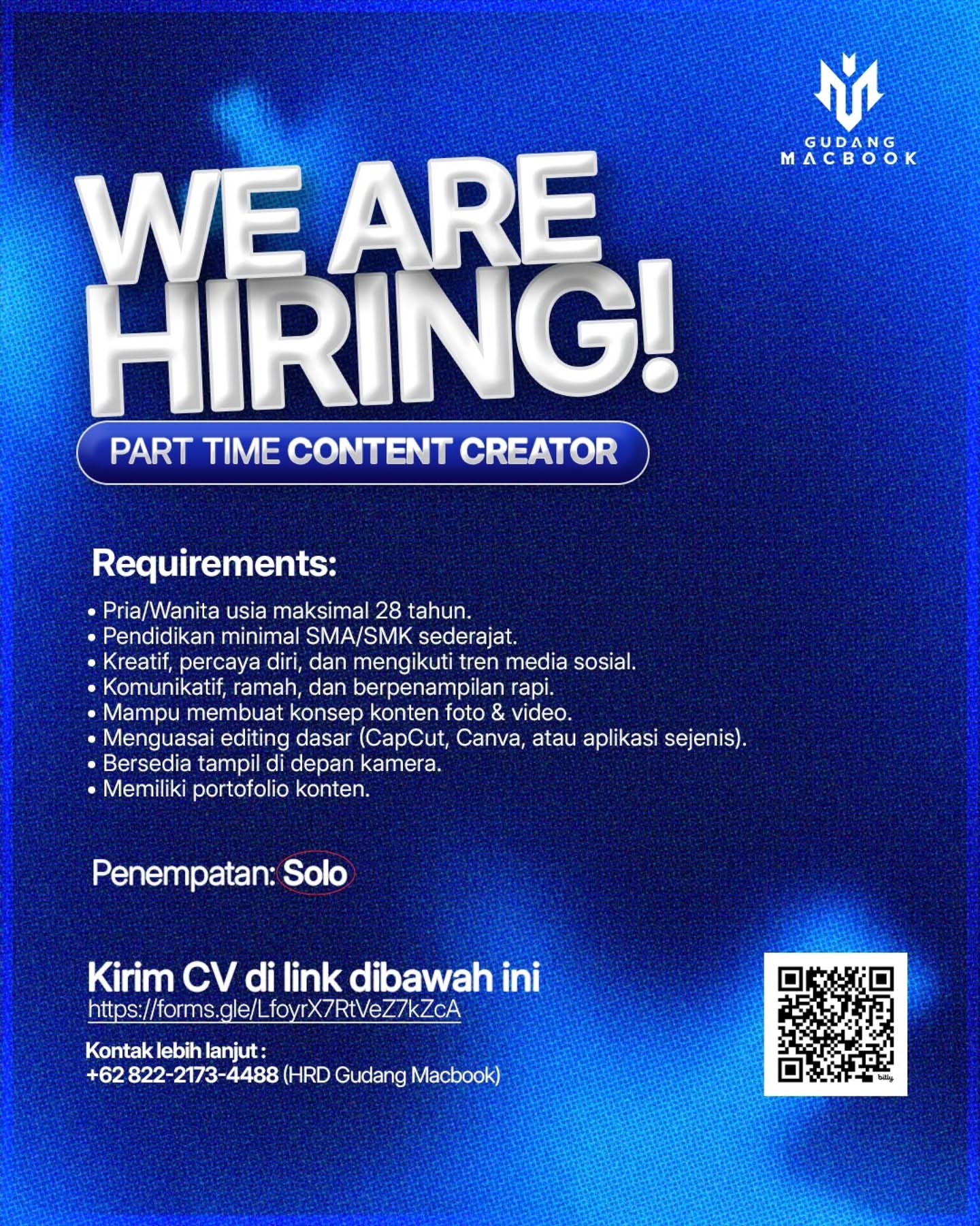 Poster Lowongan Kerja Part Time Content Creator - Gudang Macbook