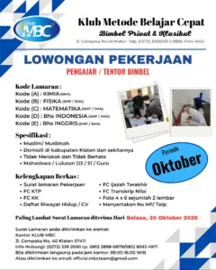 Lowongan Kerja Pengajar / Tentor Bimbel (Kimia, Fisika, Matematika, Bhs Indonesia, Bhs Inggris) di Klub MBC (Metode Belajar Cepat) (Klaten)