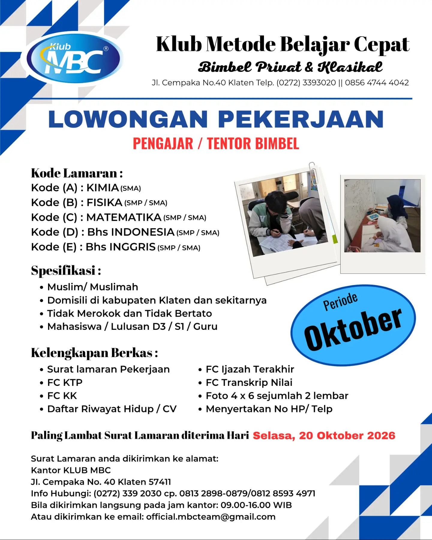 Poster Lowongan Kerja Pengajar / Tentor Bimbel (Kimia, Fisika, Matematika, Bhs Indonesia, Bhs Inggris) - Klub MBC (Metode Belajar Cepat)