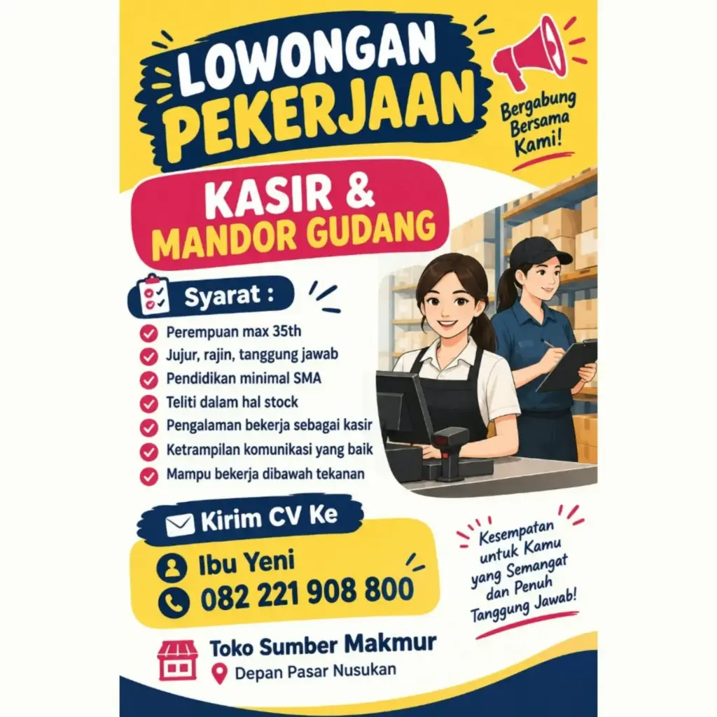 Poster Lowongan Kerja Kasir & Mandor Gudang - Toko Sumber Makmur