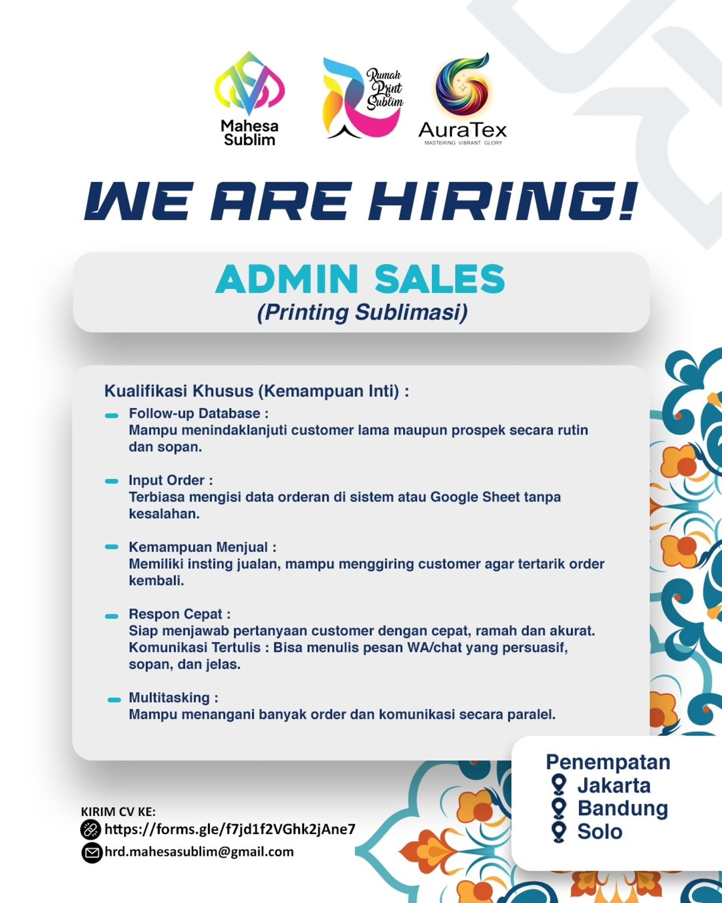 Poster Lowongan Kerja Mahesa Sublim Slide 1