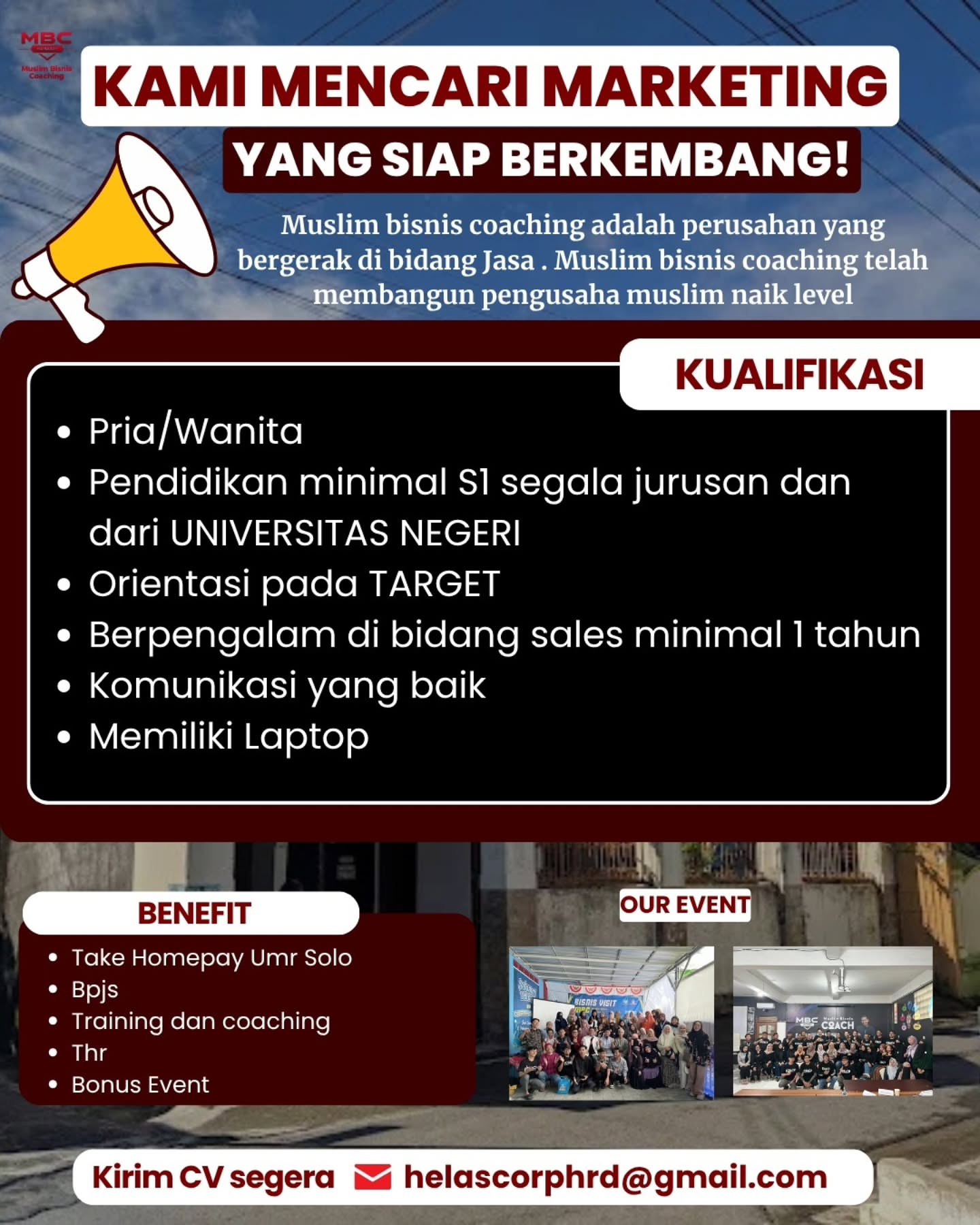 Poster Lowongan Kerja MBC Hamasah (Muslim Bisnis Coaching) Slide 1