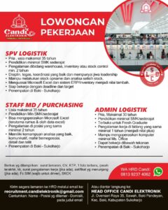 Lowongan Kerja di Candi Elektronik (14 Posisi (SPV Logistik, Staff MD / Purchasing, dll)) – Sukoharjo