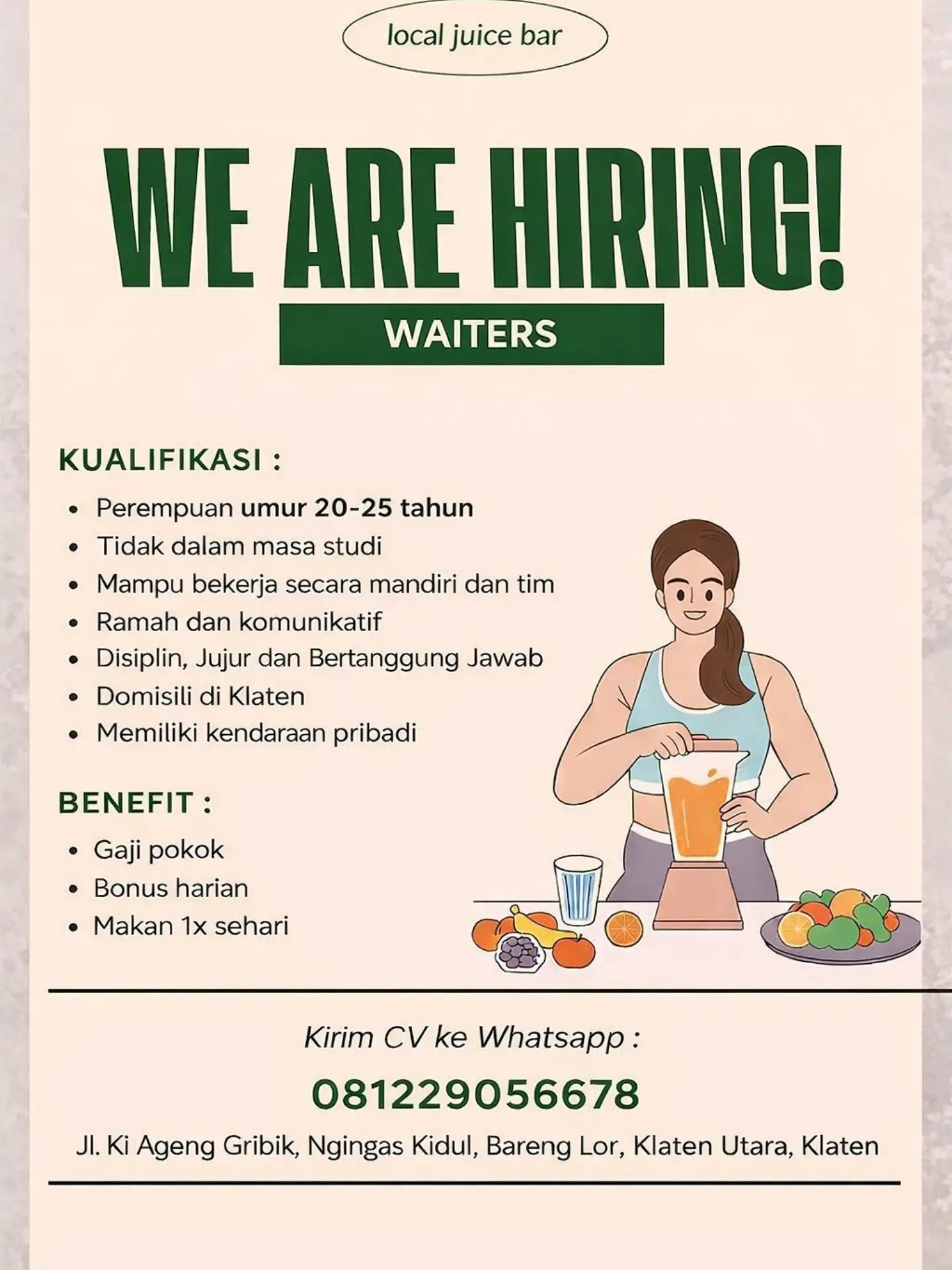 Poster Lowongan Kerja Waiters - Local Juice Bar
