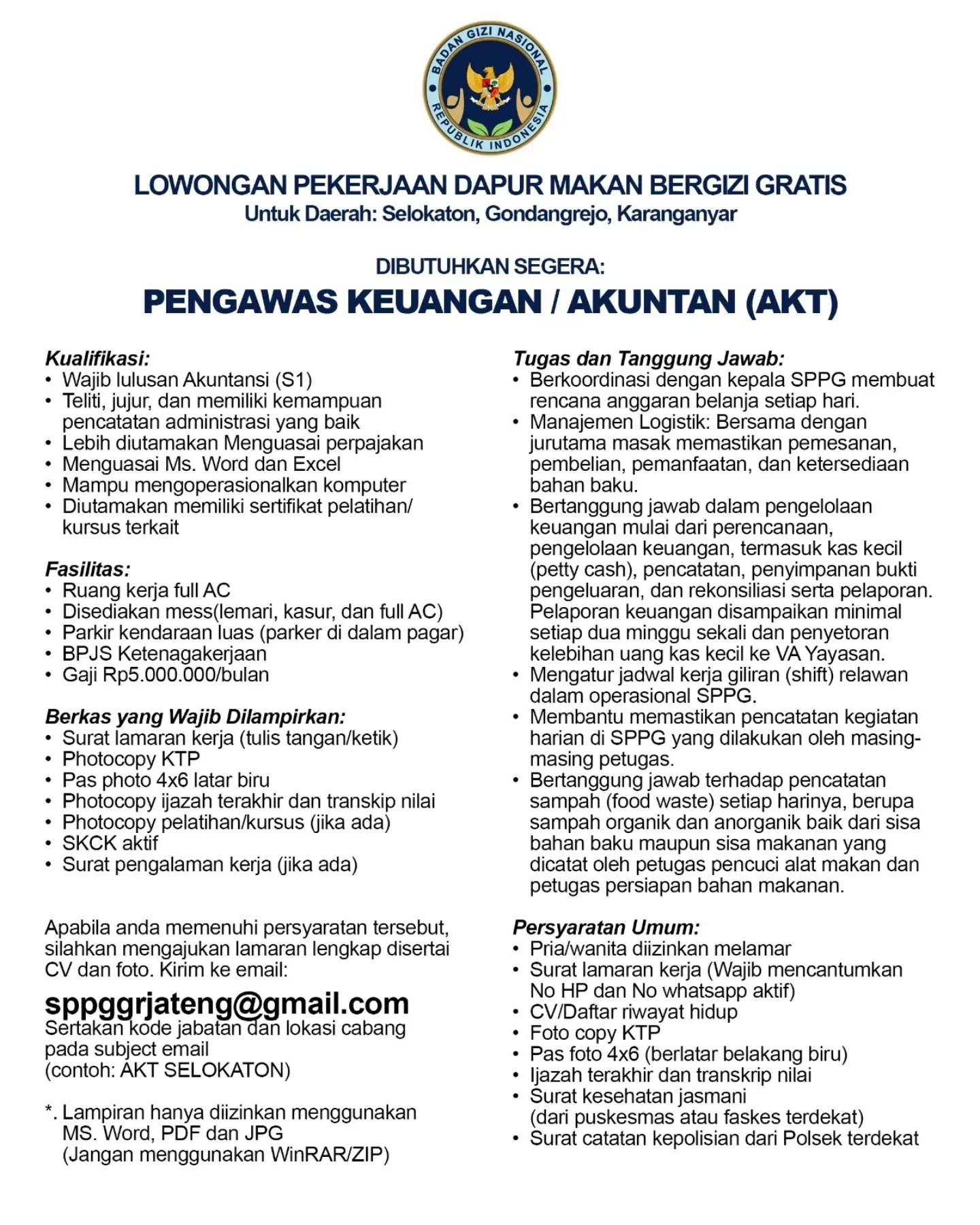 Poster Lowongan Kerja Pengawas Keuangan / Akuntan (AKT) - Badan Gizi Nasional (SPPG Selokaton)