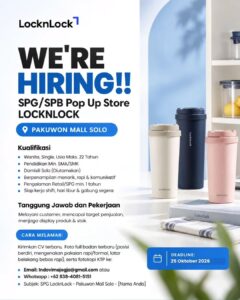 Lowongan Kerja SPG/SPB Pop Up Store di LOCKNLOCK (Pop Up Store Pakuwon Mall Solo) (Pakuwon Mall Solo, Sukoharjo / Solo)
