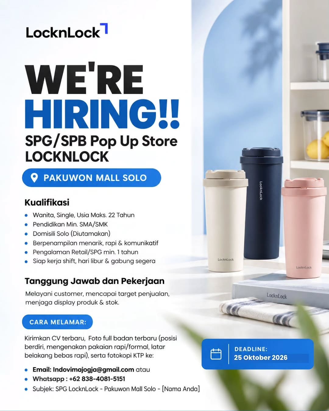 Poster Lowongan Kerja SPG/SPB Pop Up Store - LOCKNLOCK (Pop Up Store Pakuwon Mall Solo)