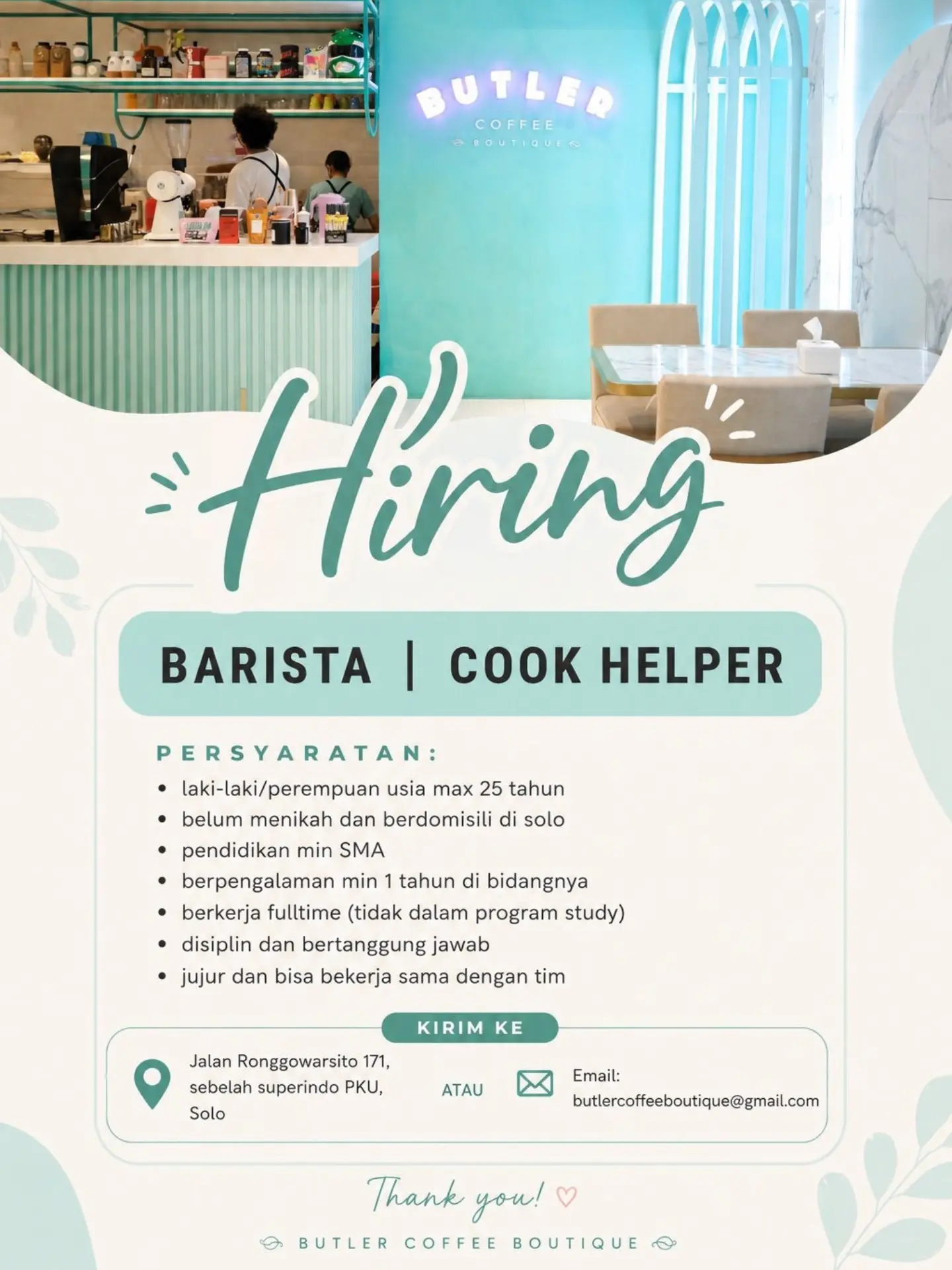 Poster Lowongan Kerja Butler Coffee Boutique