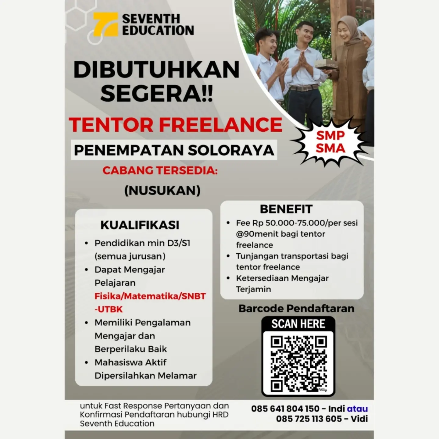 Poster Lowongan Kerja Tentor Freelance (Fisika, Matematika, SNBT-UTBK) - Seventh Education