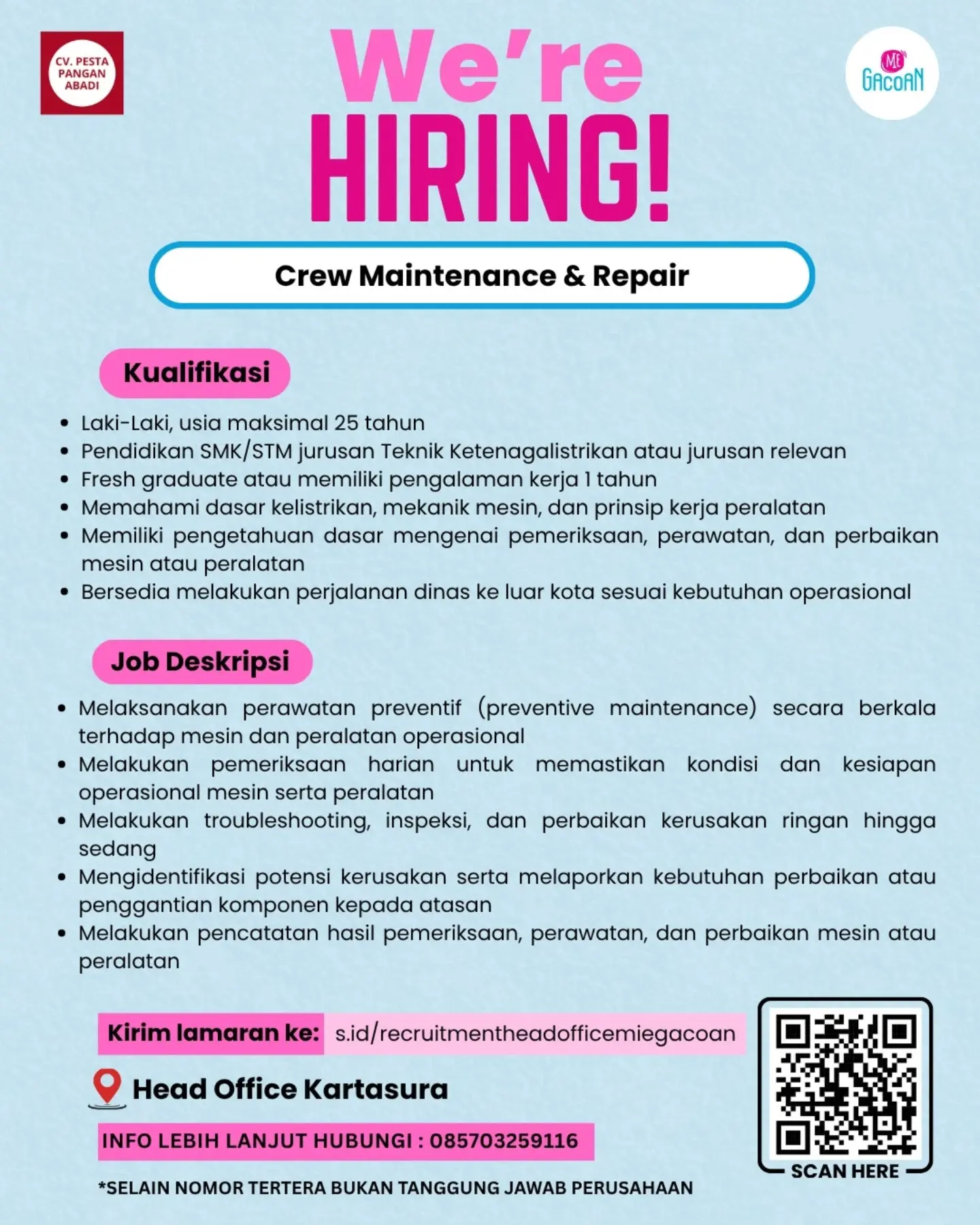 Poster Lowongan Kerja CV. Pesta Pangan Abadi (Mie Gacoan) Slide 1