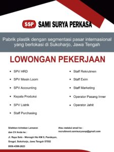 Lowongan Kerja di PT Sami Surya Perkasa (11 Posisi (SPV HRD, SPV Mesin Loom, dll)) – Sukoharjo