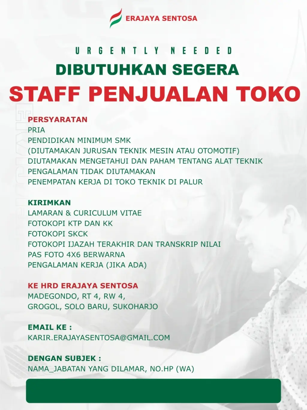 Poster Lowongan Kerja STAFF PENJUALAN TOKO - ERJAYA SENTOSA