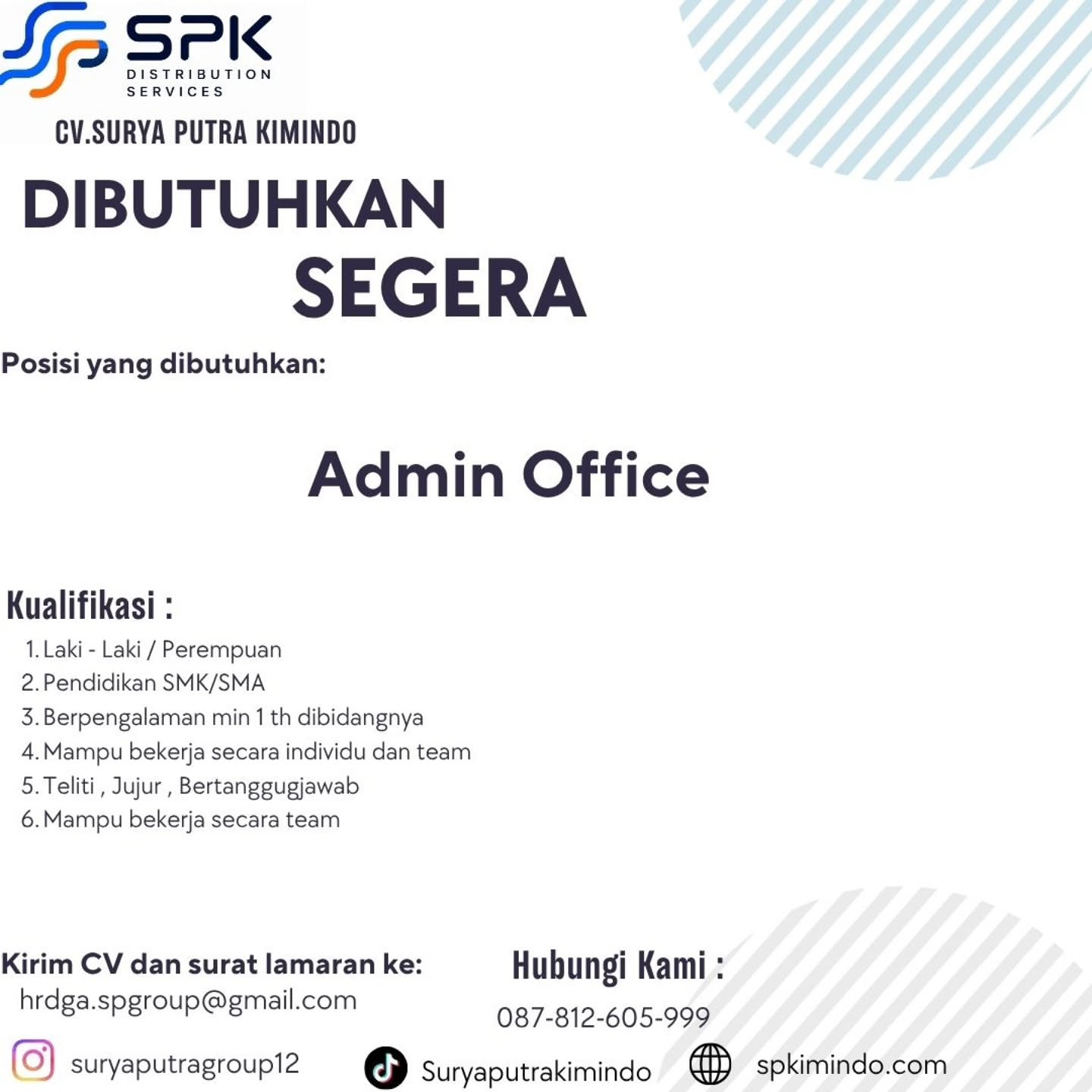Poster Lowongan Kerja Admin Office - CV. Surya Putra Kimindo