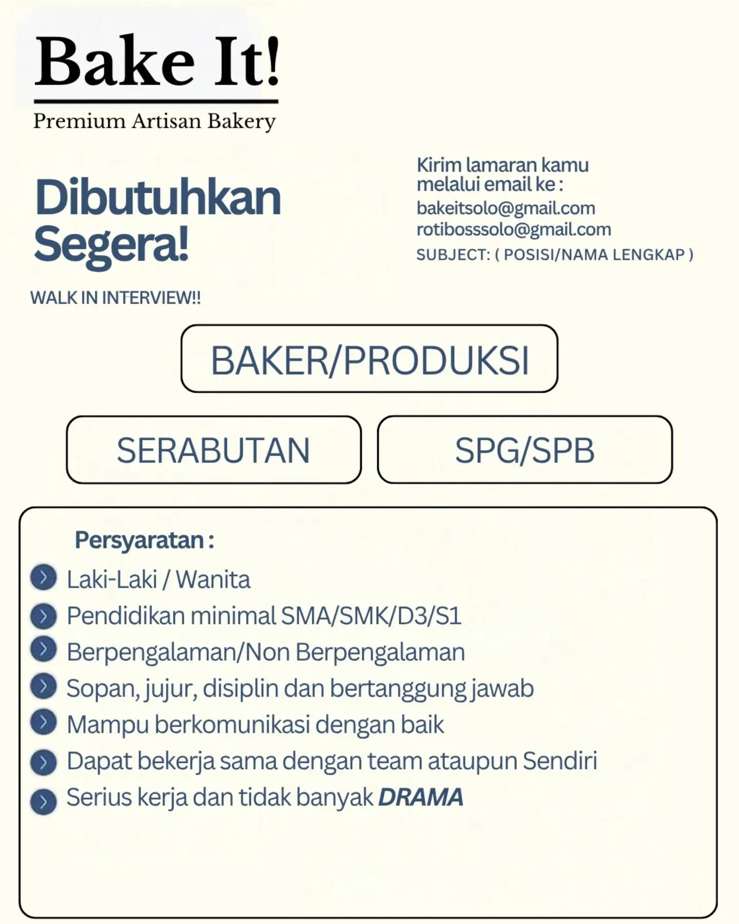 Poster Lowongan Kerja Bake It! Premium Artisan Bakery