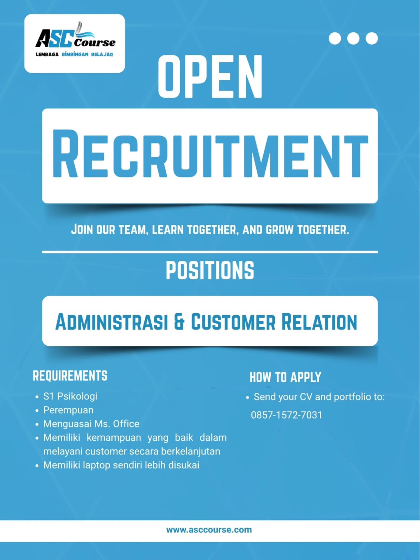 Poster Lowongan Kerja Administrasi & Customer Relation - ASC Course (Lembaga Bimbingan Belajar)