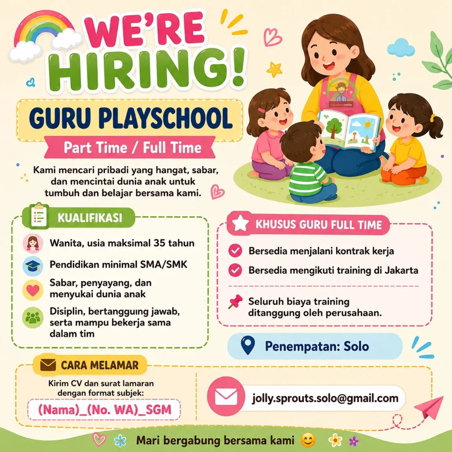 Poster Lowongan Kerja Guru Playschool (Part Time / Full Time) - Jolly Sprouts Solo