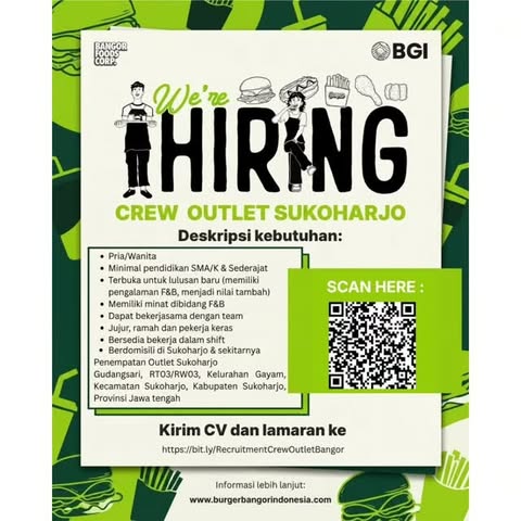 Poster Lowongan Kerja Crew Outlet - Burger Bangor (Bangor Foods Corp / BGI)