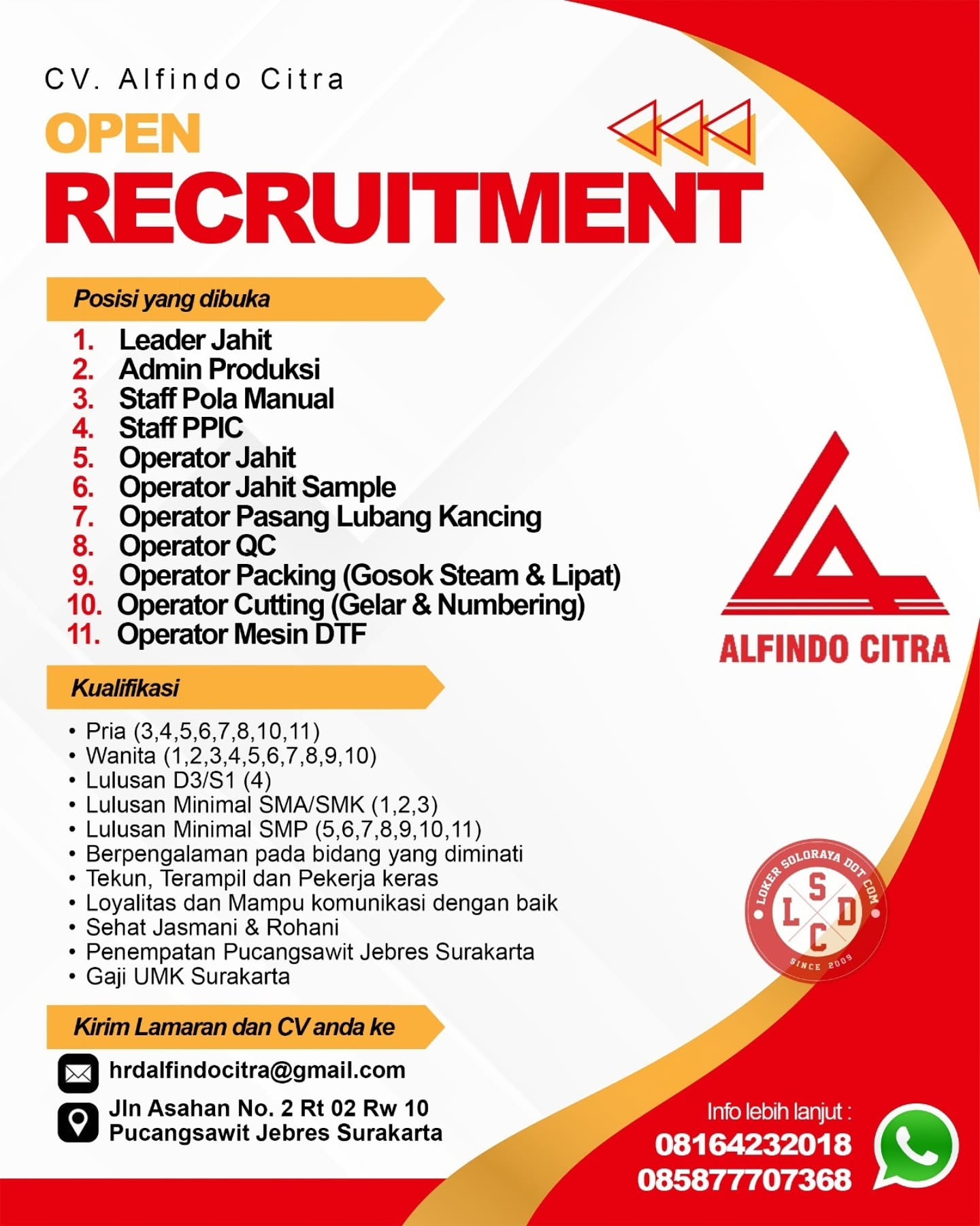 Poster Lowongan Kerja CV Alfindo Citra