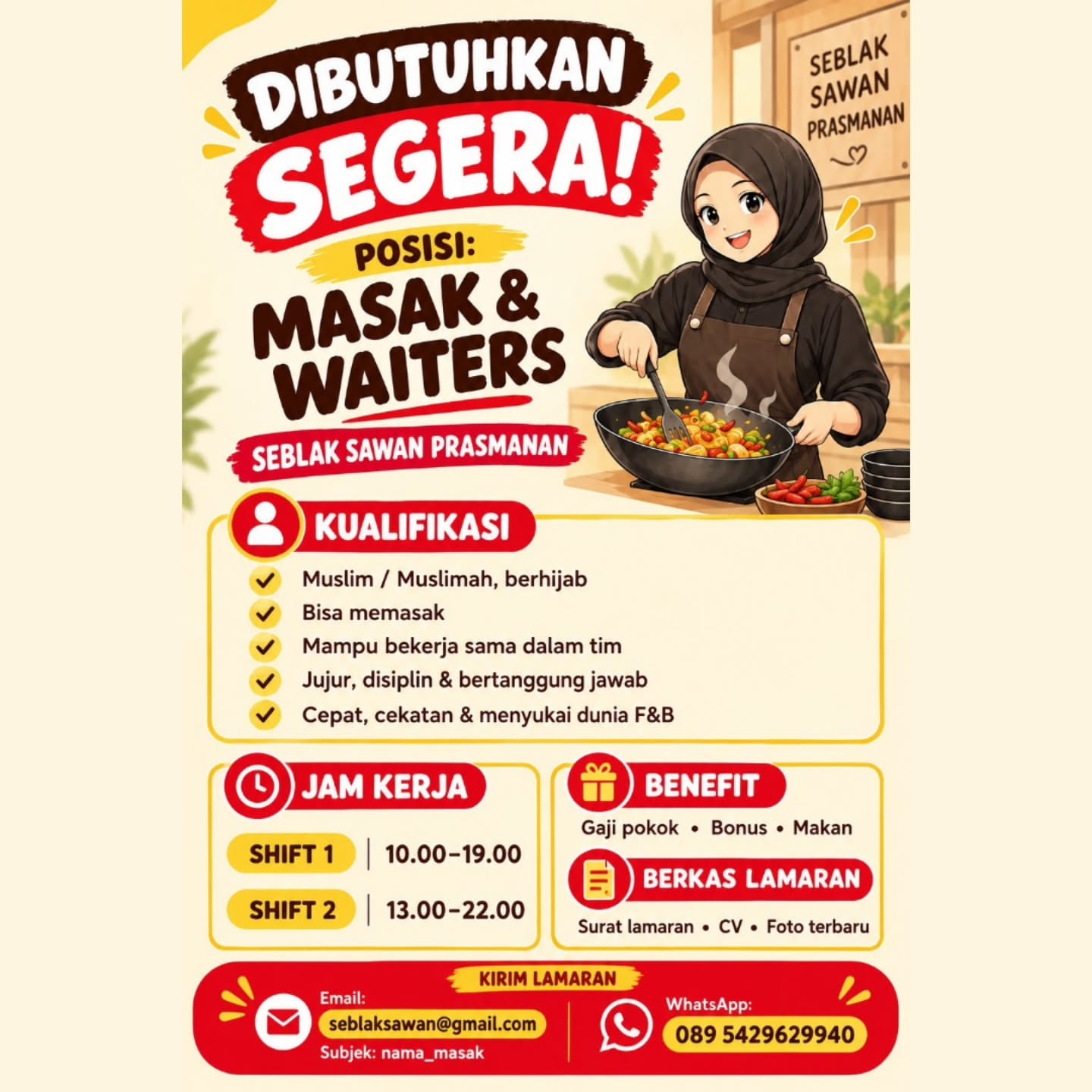 Poster Lowongan Kerja Masak & Waiters - Seblak Sawan Prasmanan