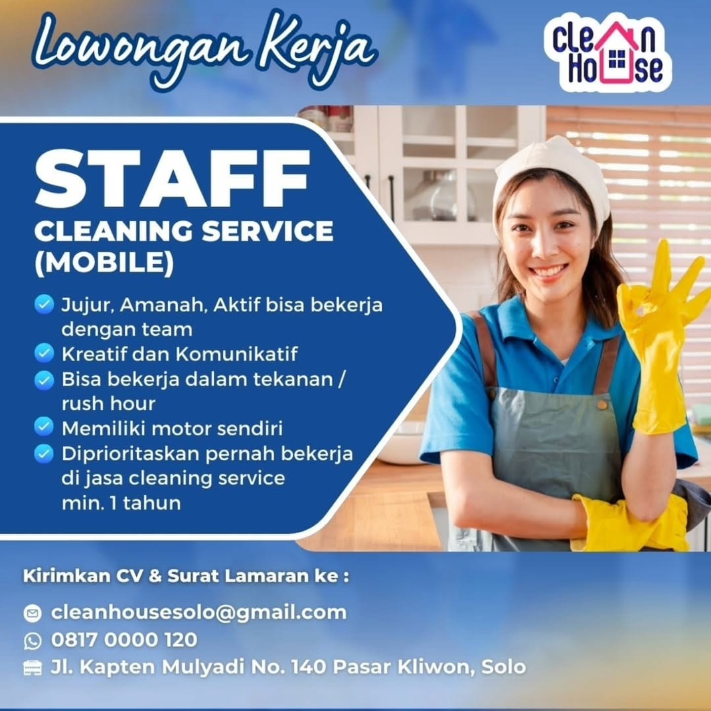 Poster Lowongan Kerja Staff Cleaning Service (Mobile) - Clean House Solo
