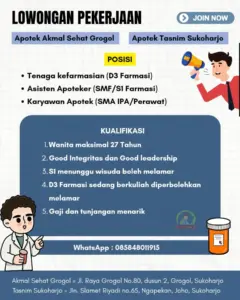 Lowongan Kerja di Apotek Akmal Sehat & Apotek Tasnim (Tenaga Kefarmasian, Asisten Apoteker, & Karyawan Apotek) – Sukoharjo