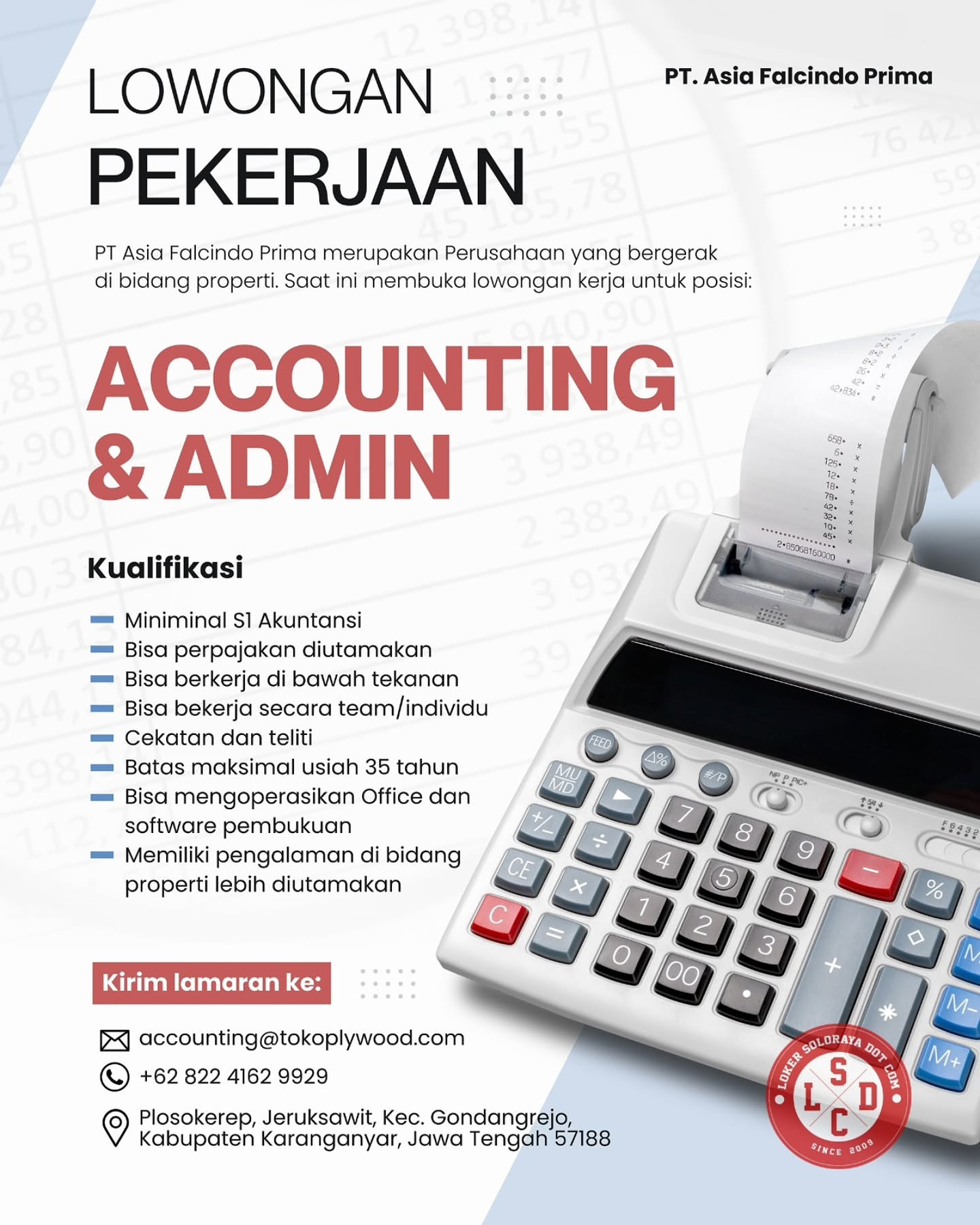 Poster Lowongan Kerja Accounting & Admin - PT Asia Falcindo Prima