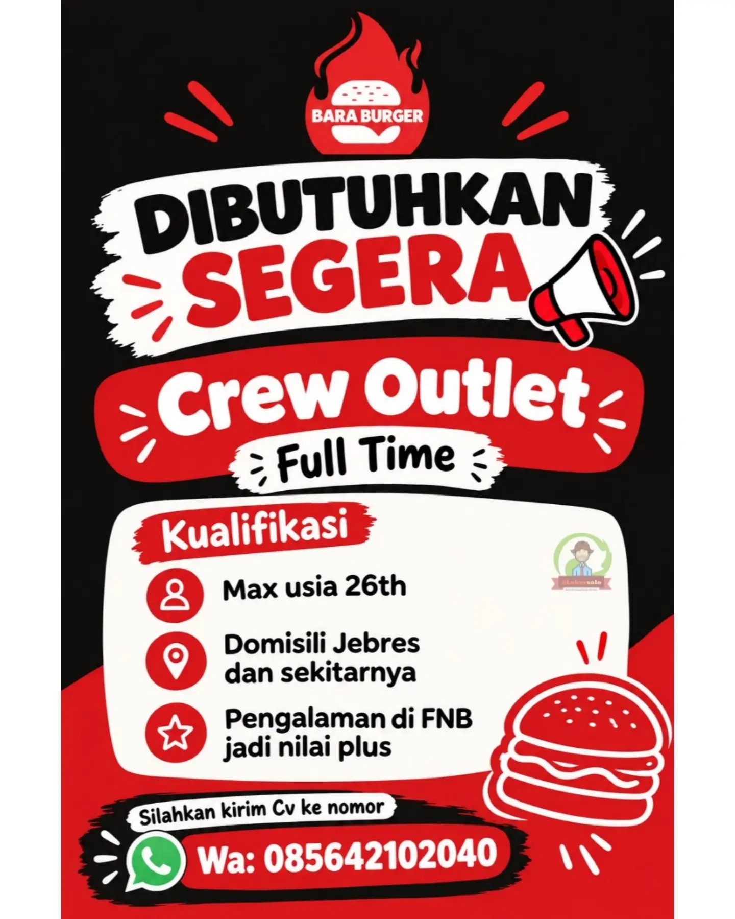 Poster Lowongan Kerja Crew Outlet - Bara Burger